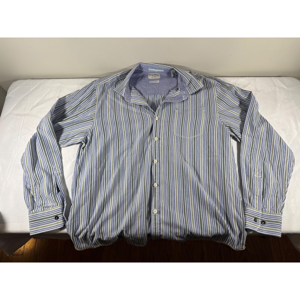 Tommy Bahama Jeans Men Blue Yellow Striped Button Down Shirt Island Modern Fit L